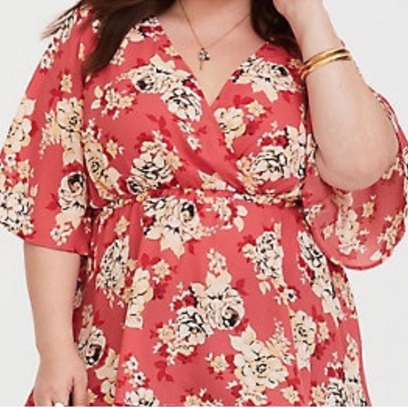 FLORAL WRAP GEORGETTE BABYDOLL BLOUSE CORAL Size 00 - Picture 7 of 15